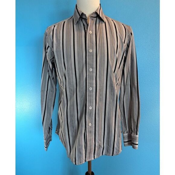 Robert Graham 100% Cotton Long Sleeve Shirt Blk Grey White Stripe Extra Button M - Picture 1 of 7
